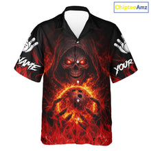 Load image into Gallery viewer, Black And Red Flame Skull Reaper hawaiian bowling shirts, Personalized button up bowling shirts NQS11491