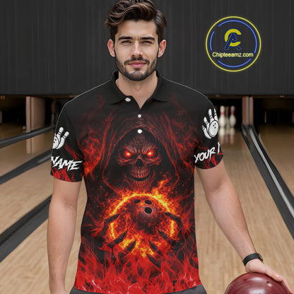 Black And Red Flame Skull Reaper Men's Bowling Shirts, Personalized bowling outfit men bowling jersey NQS11491