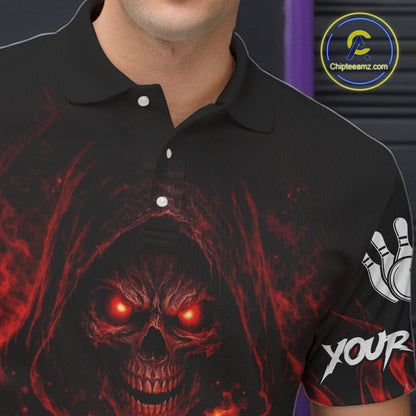 Black And Red Flame Skull Reaper Men's Bowling Shirts, Personalized bowling outfit men bowling jersey NQS11491