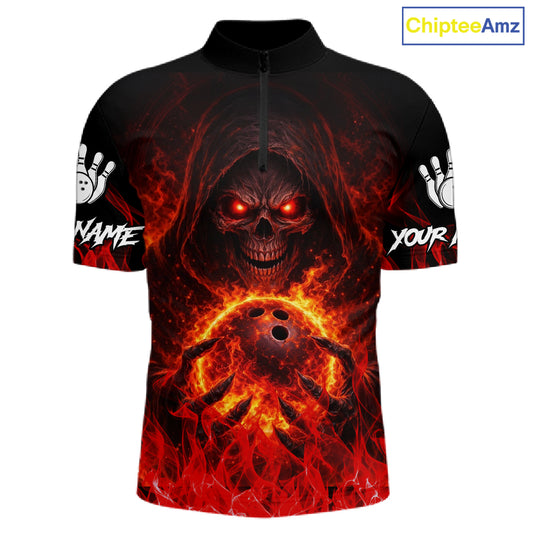 Black And Red Flame Skull Reaper Men's Bowling Shirts, Personalized bowling outfit men bowling jersey NQS11491