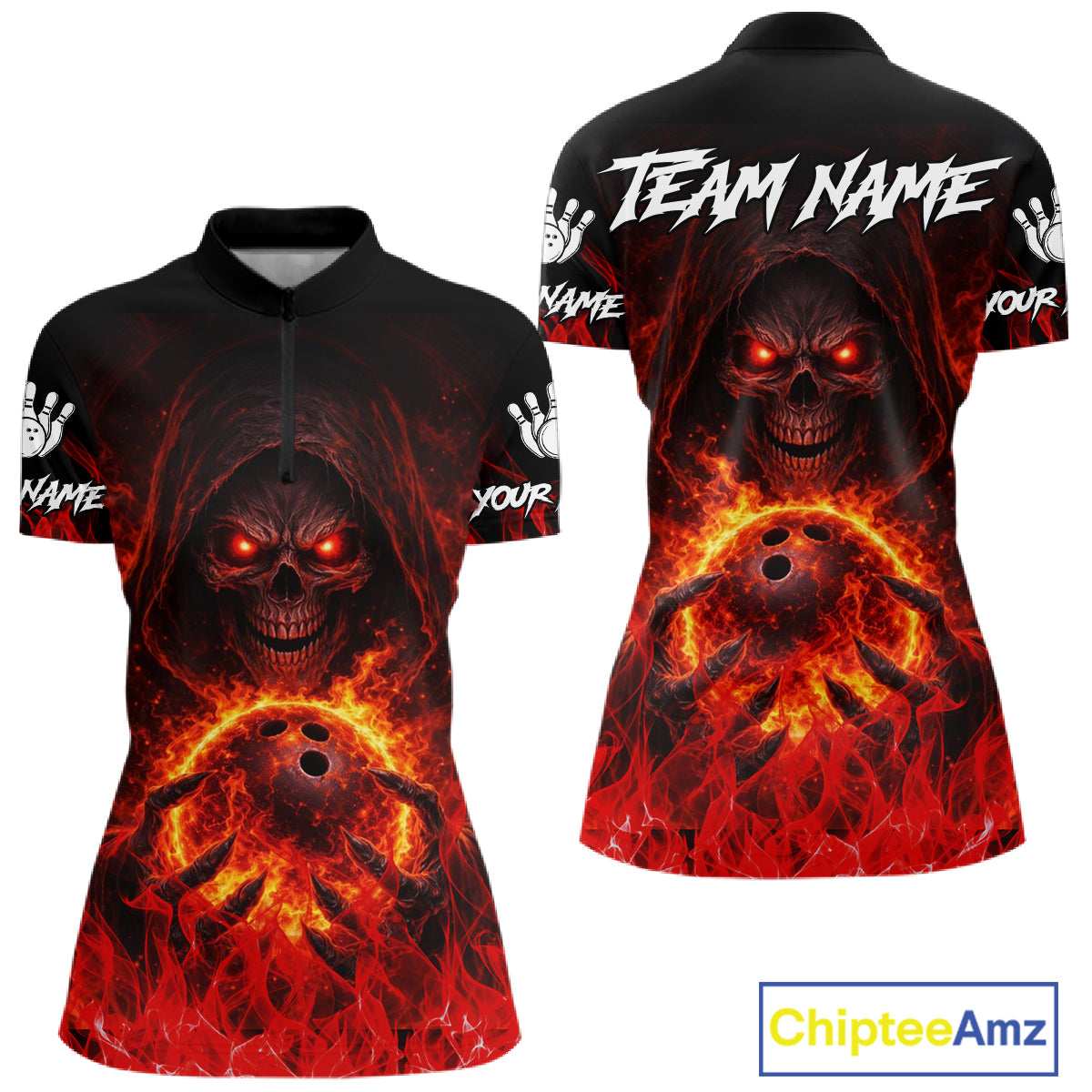 Black And Red Flame Skull Reaper Womens bowling shirt, Personalized Bowling Jerseys Women NQS11491