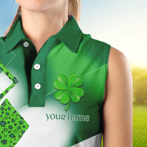 Womens sleeveless polo shirt custom green clover St Patrick day golf shirts, golfing gifts NQS4741