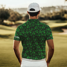 Load image into Gallery viewer, Funny Mens golf polo shirt green clover St Patrick day background custom name Flamingo golf friends NQS4742