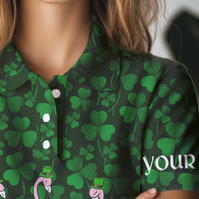 Load image into Gallery viewer, Funny Womens golf polo shirt green clover St Patrick day background custom Flamingo golf friends NQS4742