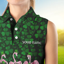 Load image into Gallery viewer, Funny Womens sleeveless polo shirt green clover St Patrick day custom Flamingo golf friends NQS4742