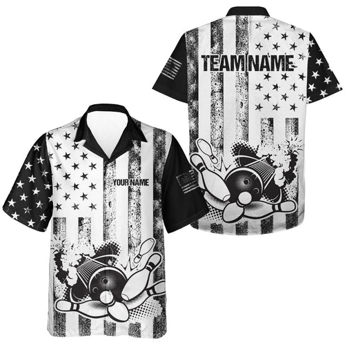 Personalized Black & White American Flag Retro Bowling Hawaiian Shirts, Patriotic button up shirts NQS9567