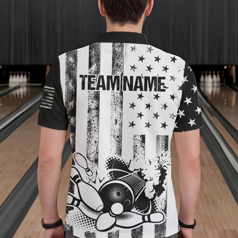 Personalized Black and White American Flag Retro Bowling shirts for Men, Patriotic Bowling Team Jersey NQS9567