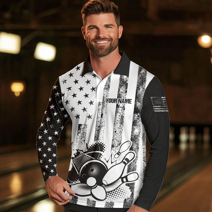 Personalized Black and White American Flag Retro Bowling shirts for Men, Patriotic Bowling Team Jersey NQS9567