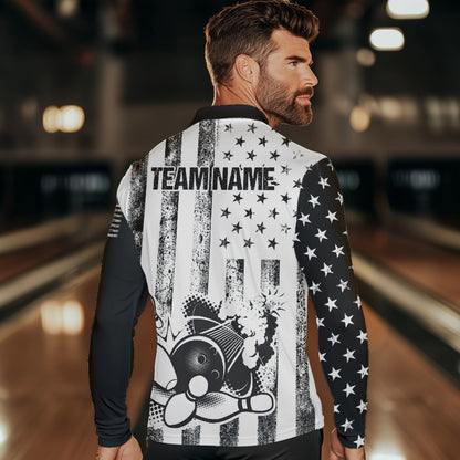 Personalized Black and White American Flag Retro Bowling shirts for Men, Patriotic Bowling Team Jersey NQS9567
