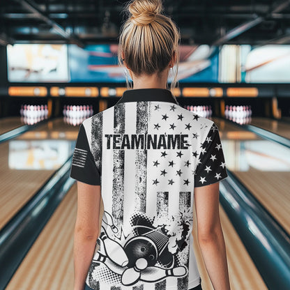 Personalized Black & White American Flag Retro Bowling shirt for Women, Patriotic Bowling Team Jersey NQS9567