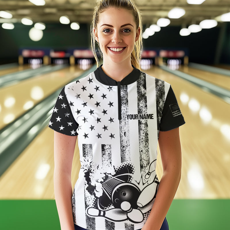 Personalized Black & White American Flag Retro Bowling shirt for Women, Patriotic Bowling Team Jersey NQS9567