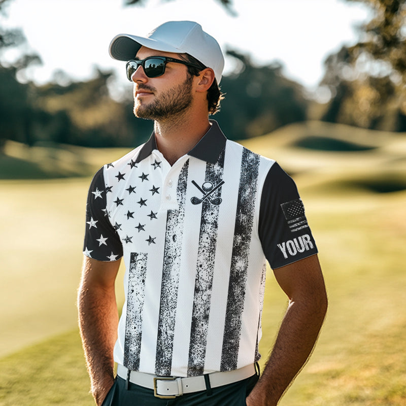 Personalized Black & White American Flag Retro Men golf polo shirts Custom Patriotic golf top for men NQS9568