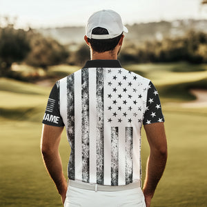 Personalized Black & White American Flag Retro Men golf polo shirts Custom Patriotic golf top for men NQS9568