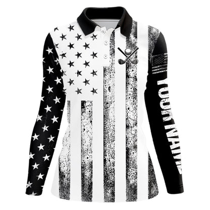 Personalized Black & White American Flag Retro Women golf polo shirts Custom Patriotic ladies golf top NQS9568