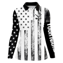Load image into Gallery viewer, Personalized Black &amp; White American Flag Retro Women golf polo shirts Custom Patriotic ladies golf top NQS9568