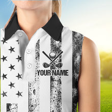 Load image into Gallery viewer, Personalized Black &amp; White American Flag Retro Women sleeveless polo shirt Patriotic laies golf top NQS9568