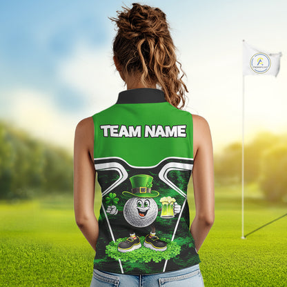 Funny Golf and Beer Green Shamrock Sleeveless Golf shirt Custom St Patrick Team Ladies Golf Jerseys NQS11673