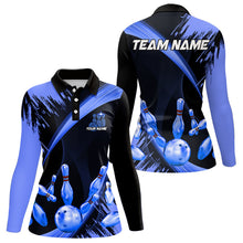 Load image into Gallery viewer, Personalized Black and Blue Bowling Polo, Quarter Zip Shirts For Women Custom Bowling Team Jersey NQS9723
