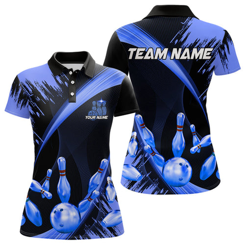 Personalized Black and Blue Bowling Polo, Quarter Zip Shirts For Women Custom Bowling Team Jersey NQS9723