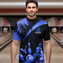 Load image into Gallery viewer, Personalized Black and Blue Bowling Polo, Quarter Zip Shirts For Mens Custom Bowling Team Jersey NQS9723