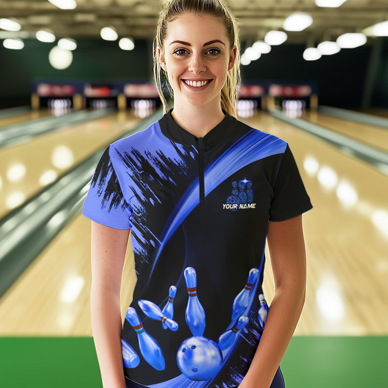 Personalized Black and Blue Bowling Polo, Quarter Zip Shirts For Women Custom Bowling Team Jersey NQS9723