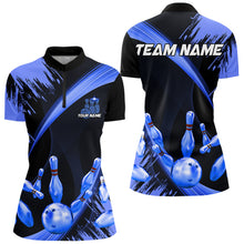 Load image into Gallery viewer, Personalized Black and Blue Bowling Polo, Quarter Zip Shirts For Women Custom Bowling Team Jersey NQS9723