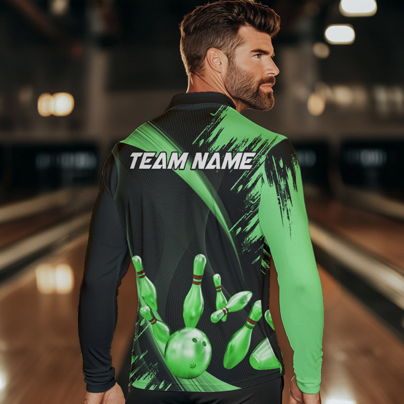 Personalized Black and Green Bowling Polo, Quarter Zip Shirts For Mens Custom Bowling Team Jersey NQS9724