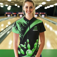 Load image into Gallery viewer, Personalized Black and Green Bowling Polo, Quarter Zip Shirts For Women Custom Bowling Team Jersey NQS9724