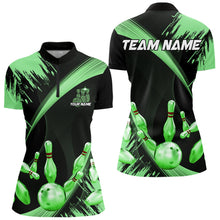 Load image into Gallery viewer, Personalized Black and Green Bowling Polo, Quarter Zip Shirts For Women Custom Bowling Team Jersey NQS9724