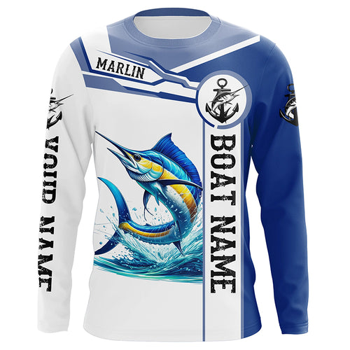 Blue and white Marlin fishing UV protection Customize name and boat name long sleeves fishing shirts NQS1842