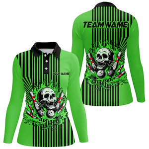 Green and Black stripes Women bowling polo, quarter zip shirts Custom Skull bowling Team Jerseys NQS7648