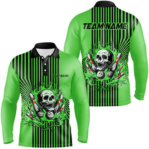 Green and Black stripes Mens bowling polo, quarter zip shirts Custom Skull bowling Team Jerseys NQS7648