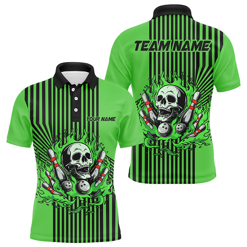 Green and Black stripes Mens bowling polo, quarter zip shirts Custom Skull bowling Team Jerseys NQS7648