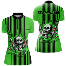 Load image into Gallery viewer, Green and Black stripes Women bowling polo, quarter zip shirts Custom Skull bowling Team Jerseys NQS7648