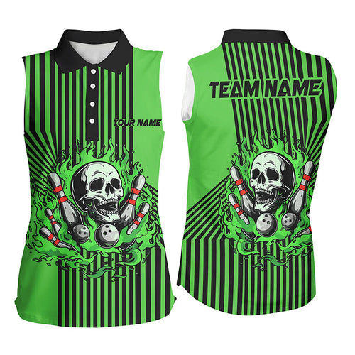 Green Black stripe Bowling Women sleeveless polo shirt Custom Skull bowling ball and pins Team Jerseys NQS7648