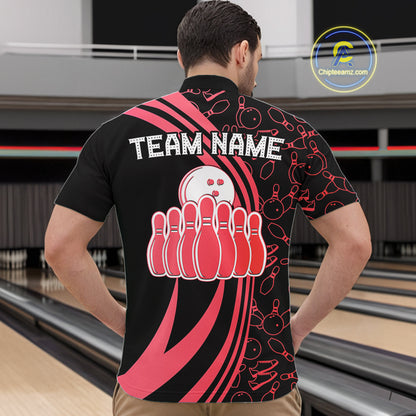 Black Mens bowling shirts Custom Red neon team league bowling jerseys, gifts for bowlers NQS9983