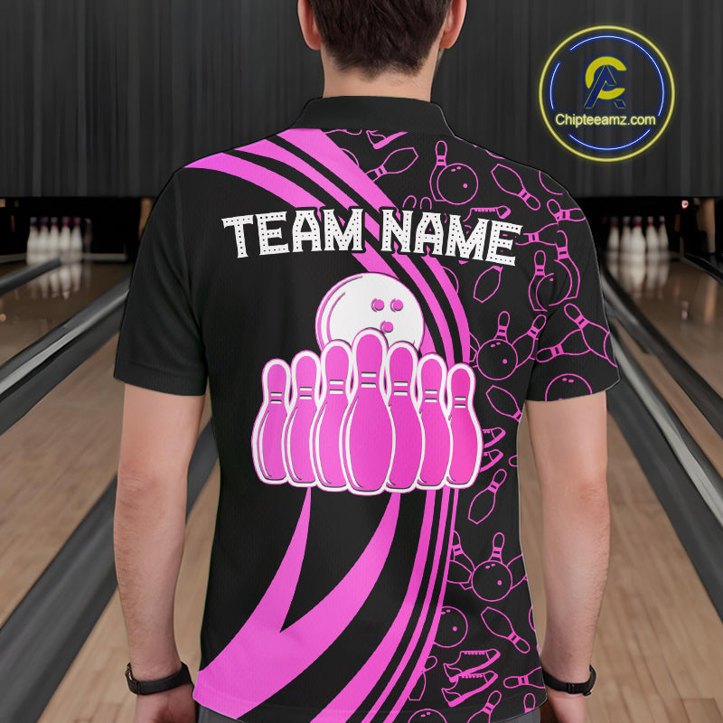 Black Mens bowling shirts Custom Pink neon team league bowling jerseys, gifts for bowlers NQS9984
