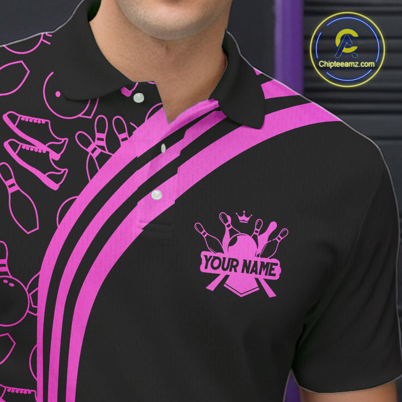 Black Mens bowling shirts Custom Pink neon team league bowling jerseys, gifts for bowlers NQS9984