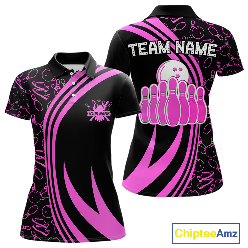 Black Women bowling shirts Custom Pink neon team league bowling jerseys, gifts for bowlers NQS9984