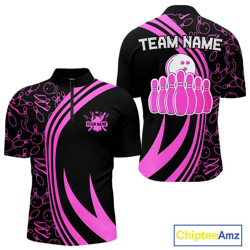 Black Mens bowling shirts Custom Pink neon team league bowling jerseys, gifts for bowlers NQS9984