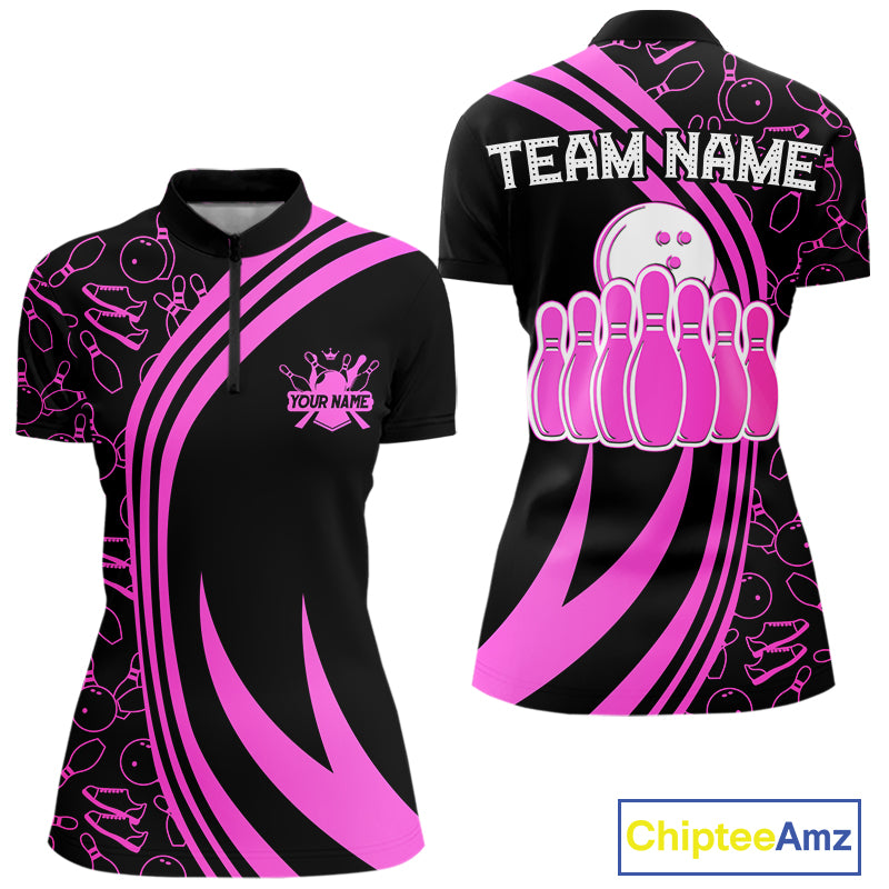 Black Women bowling shirts Custom Pink neon team league bowling jerseys, gifts for bowlers NQS9984