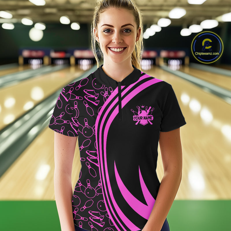 Black Women bowling shirts Custom Pink neon team league bowling jerseys, gifts for bowlers NQS9984