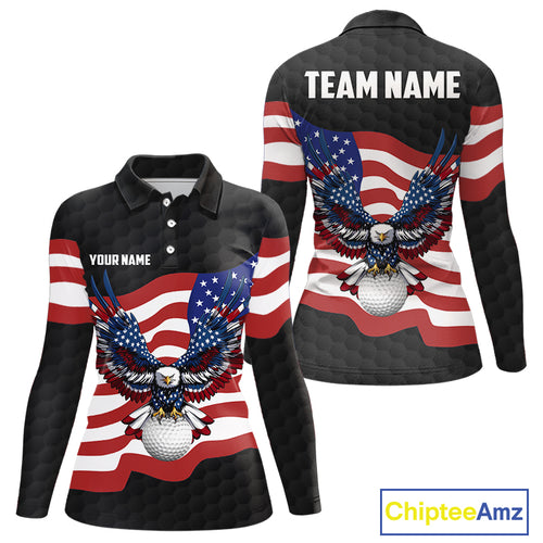 Black Golf pattern American Flag Eagle Women golf polo shirts Custom patriotic ladies golf attire NQS9986