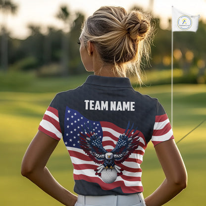 Black Golf pattern American Flag Eagle Women golf polo shirts Custom patriotic ladies golf attire NQS9986