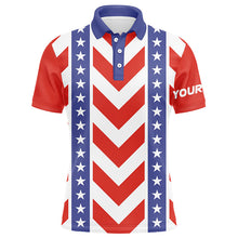 Load image into Gallery viewer, Mens golf polo shirts custom Red, white and blue pattern patriotic male golf attire NQS7862