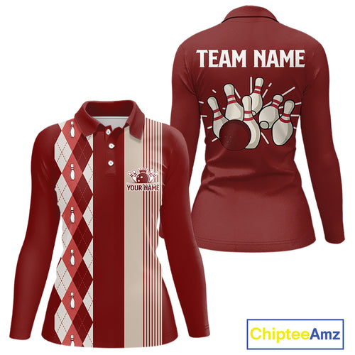 Retro Red argyle pattern Bowling shirts For Women custom bowling team jerseys Bowler Outfits NQS10151