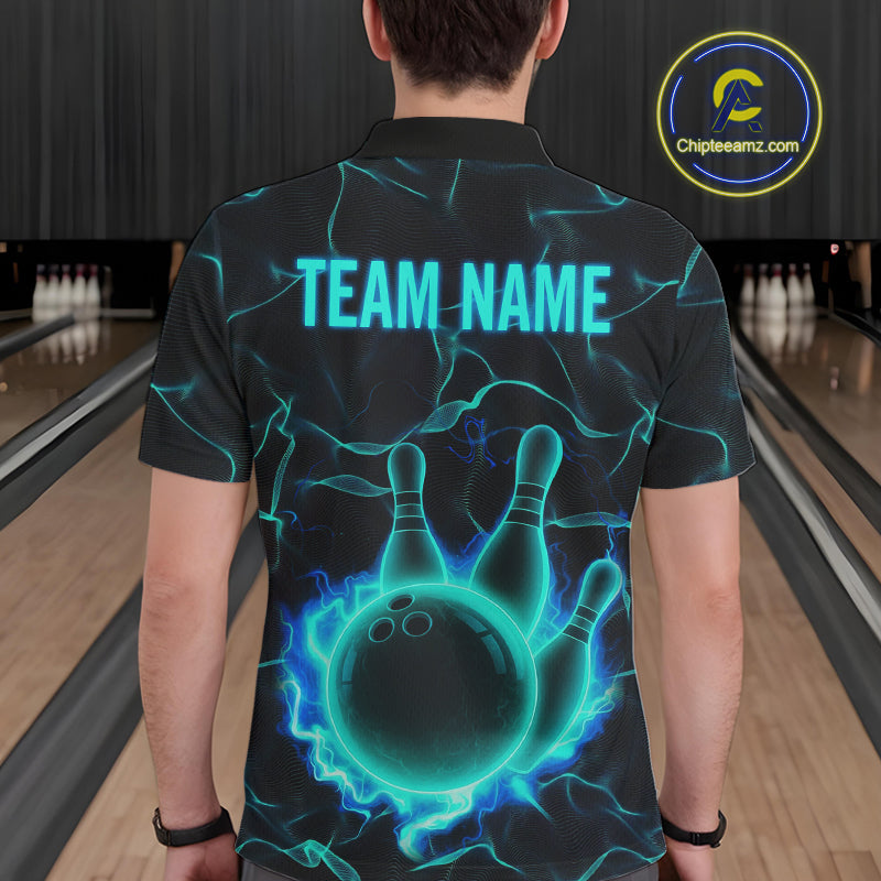 Cyan Blue Flame Bowling Polo, Quarter Zip shirts For Men custom bowling team jerseys Bowler Outfits NQS10153
