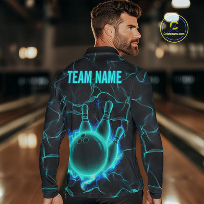 Cyan Blue Flame Bowling Polo, Quarter Zip shirts For Men custom bowling team jerseys Bowler Outfits NQS10153