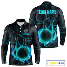 Load image into Gallery viewer, Cyan Blue Flame Bowling Polo, Quarter Zip shirts For Men custom bowling team jerseys Bowler Outfits NQS10153
