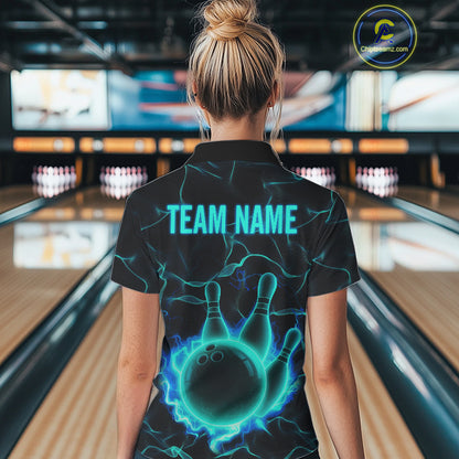 Cyan Blue Flame Bowling Polo, Quarter Zip shirts For Women custom bowling team jerseys Bowler Outfits NQS10153